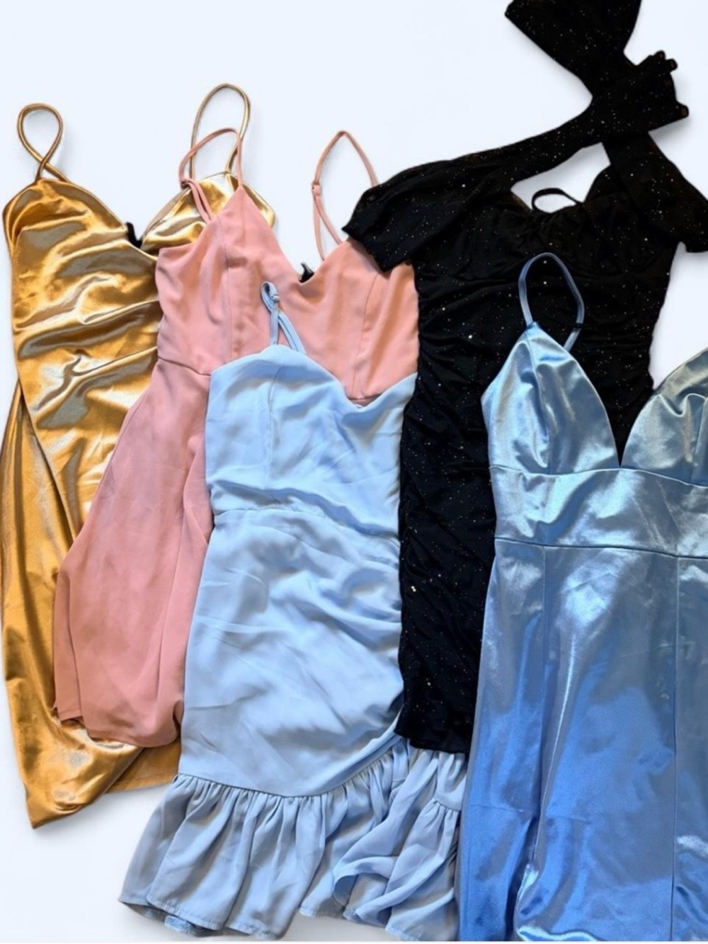 Hello Molly Satin & Sparkle Mini Dress Lot — Gold, Pink, Light Blue, Black, Blue